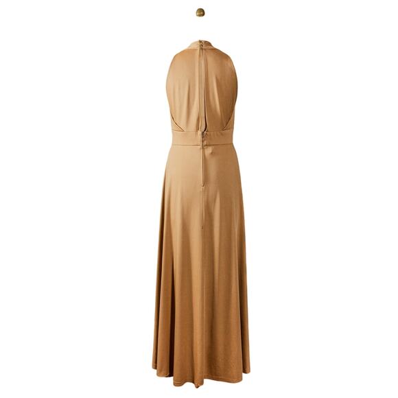 VTG 70s Lee Jordan Halter Maxi Dress Tan Rhinestone Evening Gown, Glam Disco M L - Picture 5 of 16